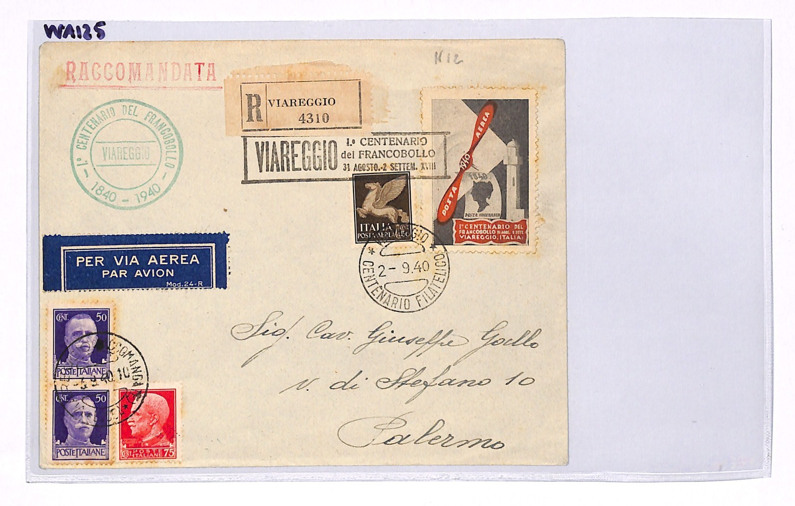 ITALY WW2 Cover 1940 STAMP CENTENARY VIAREGGIO Label Registered Palermo WA125 - Image 5
