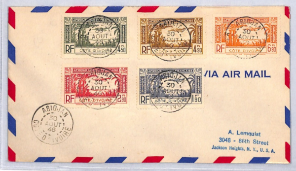 IVORY COAST Air Mail HIGH VALUES{5} Cover Abidjan 1946 France Cols PLANES YF250 - Image 3