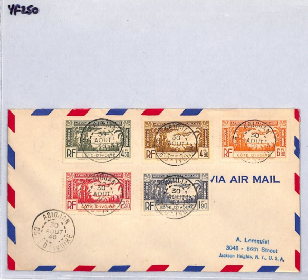 IVORY COAST Air Mail HIGH VALUES{5} Cover Abidjan 1946 France Cols PLANES YF250 - Image 7