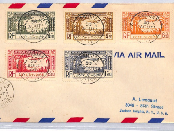 IVORY COAST Air Mail HIGH VALUES{5} Cover Abidjan 1946 France Cols PLANES YF250