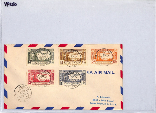 IVORY COAST Air Mail HIGH VALUES{5} Cover Abidjan 1946 France Cols PLANES YF250 - Image 9