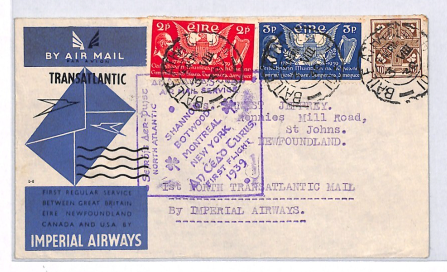 Ireland EIRE Air Mail 1939 Cover IMPERIAL FIRST FLIGHT NEWFOUNDLAND YH304 - Image 3