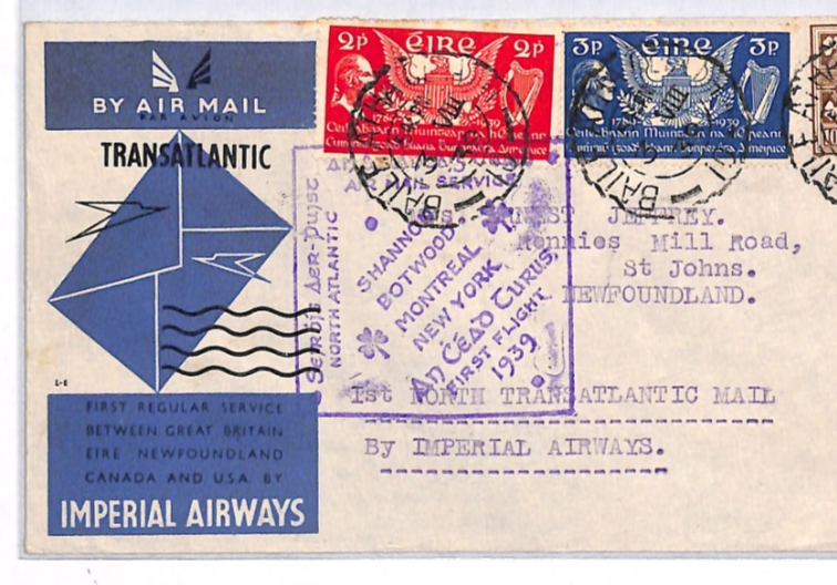 Ireland EIRE Air Mail 1939 Cover IMPERIAL FIRST FLIGHT NEWFOUNDLAND YH304