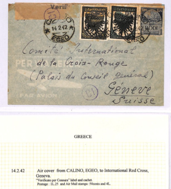 Italy Cols GREECE ISLANDS WW2 RODI 4L Cover *CALINO* 1942 Swiss Red Cross XD136 - Image 5