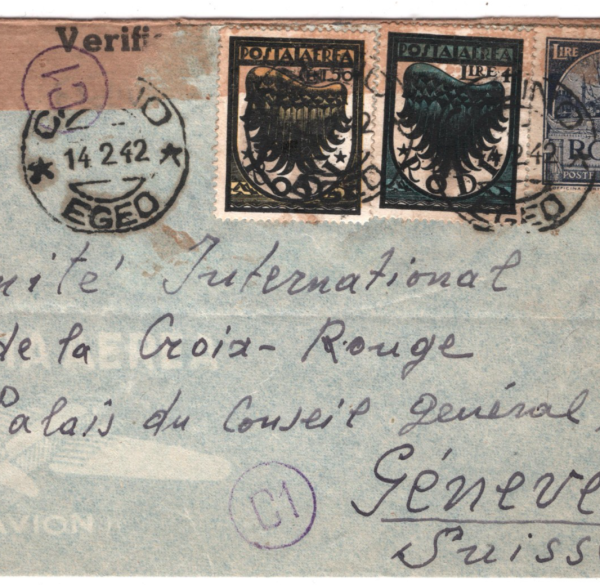 Italy Cols GREECE ISLANDS WW2 RODI 4L Cover *CALINO* 1942 Swiss Red Cross XD136
