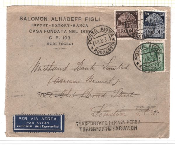 Italy Cols *RODI* Cover GREECE DODECANESE Air Mail RHODES 1933 London XD146 - Image 3
