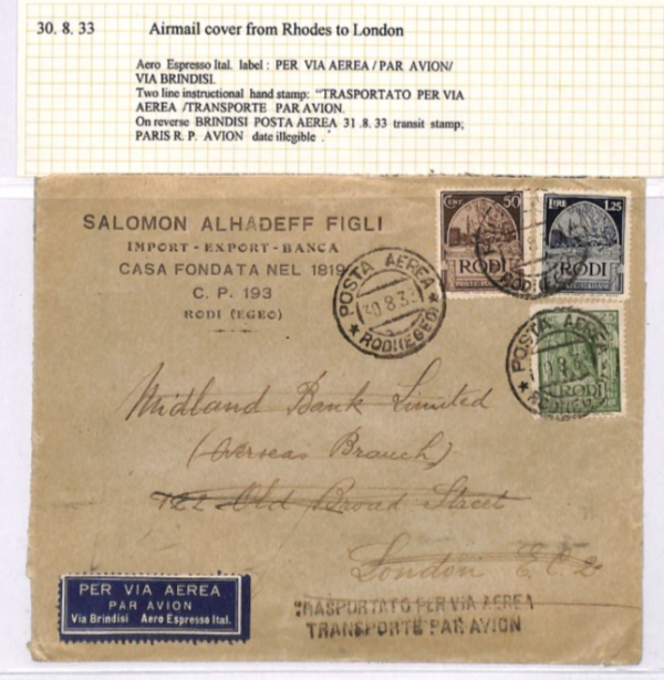 Italy Cols *RODI* Cover GREECE DODECANESE Air Mail RHODES 1933 London XD146 - Image 4