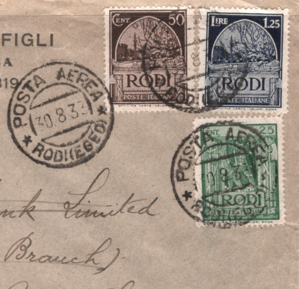 Italy Cols *RODI* Cover GREECE DODECANESE Air Mail RHODES 1933 London XD146