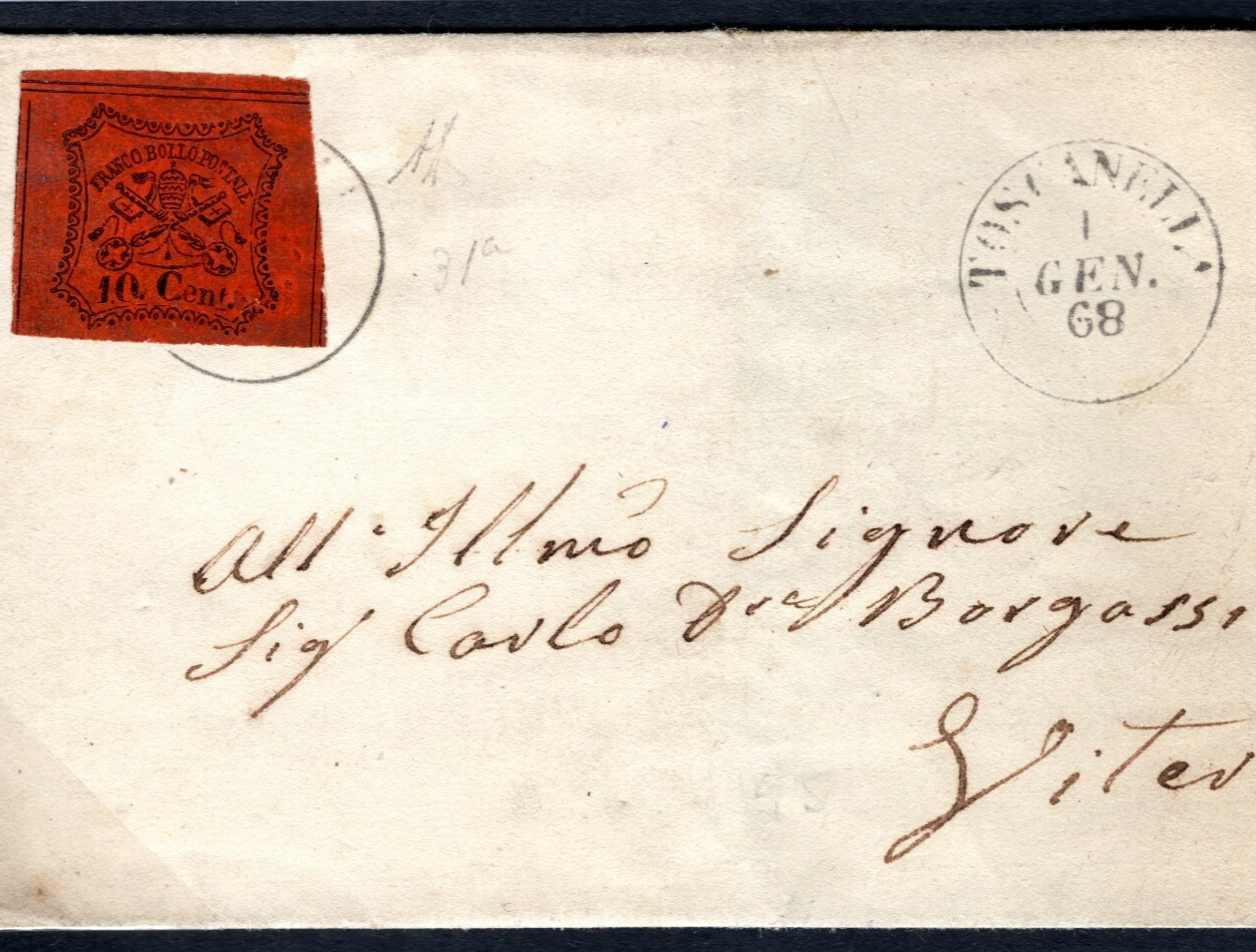 Italy PAPAL STATES Cover 20c Black/Copper Red 1868 Scott.16 c$235 {samwells}F05a