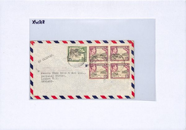 JAMAICA KGVI 6d Block Cover *CLIPPER* Air Mail Kingston THOS COOK London XW312 - Image 5