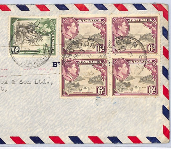 JAMAICA KGVI 6d Block Cover *CLIPPER* Air Mail Kingston THOS COOK London XW312
