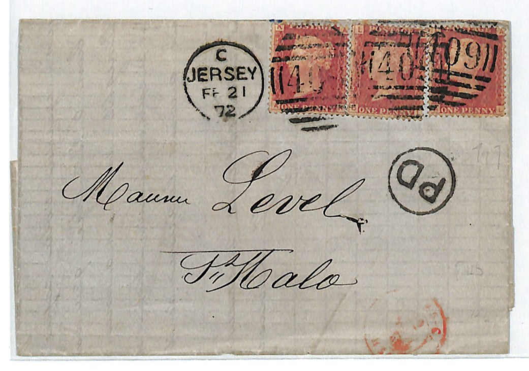 JERSEY 409 GB Channel Islands QV Penny Red{3} Cover *PD* BLACK 1872 St Malo WS13 - Image 3