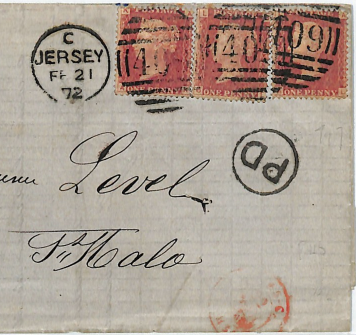 JERSEY 409 GB Channel Islands QV Penny Red{3} Cover *PD* BLACK 1872 St Malo WS13