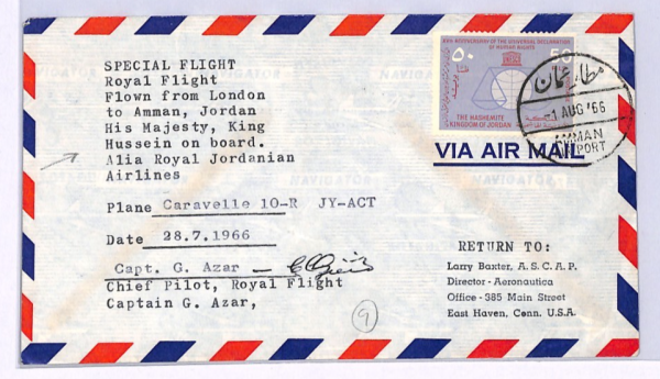 JORDAN Air Mail Cover SPECIAL FLIGHT *KING HUSSEIN* Pilot Signed 1966 USA XW270 - Image 3