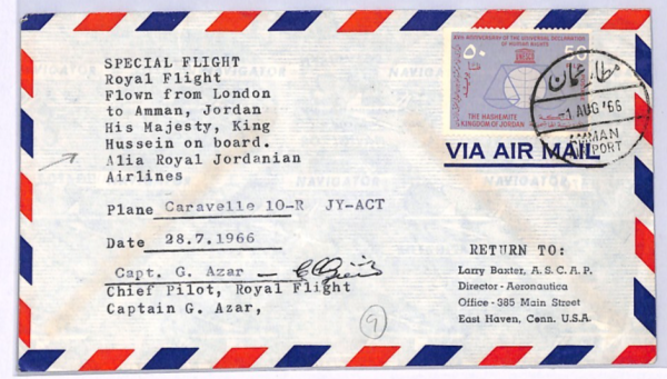 JORDAN Air Mail Cover SPECIAL FLIGHT *KING HUSSEIN* Pilot Signed 1966 USA XW270 - Image 6