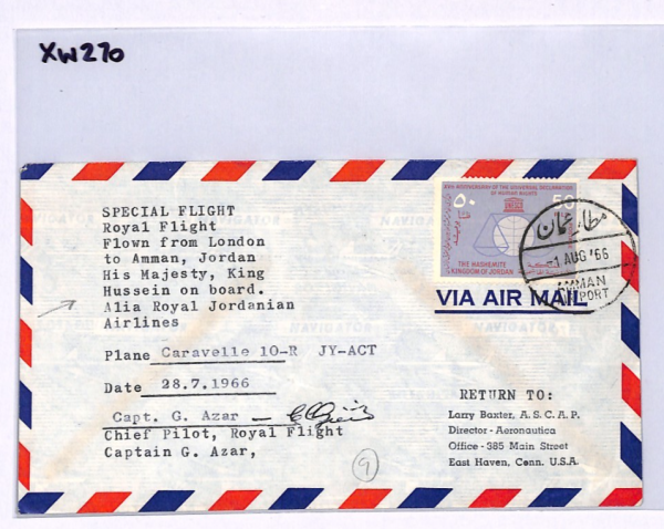 JORDAN Air Mail Cover SPECIAL FLIGHT *KING HUSSEIN* Pilot Signed 1966 USA XW270 - Image 7