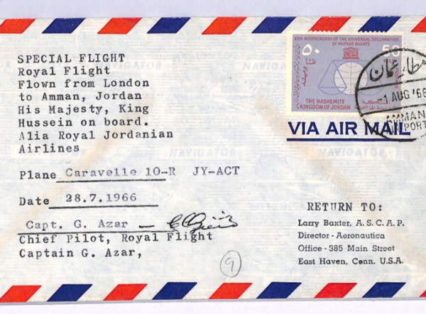 JORDAN Air Mail Cover SPECIAL FLIGHT *KING HUSSEIN* Pilot Signed 1966 USA XW270