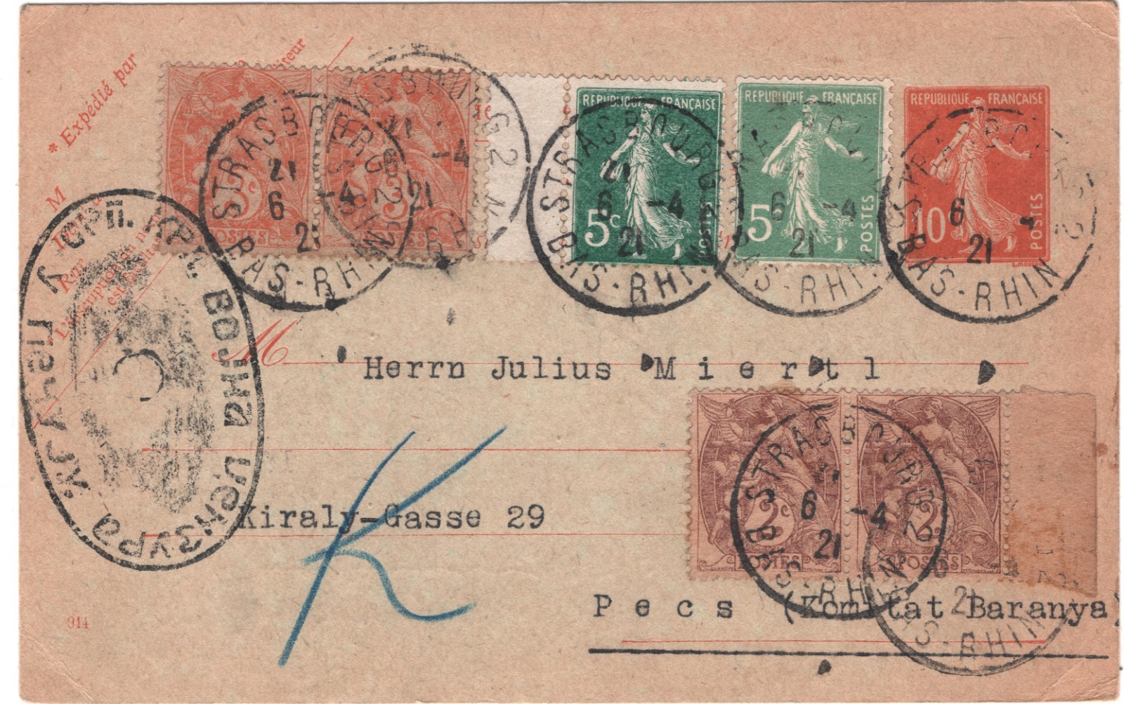 KOMITAT *BARANYA* Pecs 1921 France Card OVAL CENSOR Rare HUNGARY/SERBIA XV65