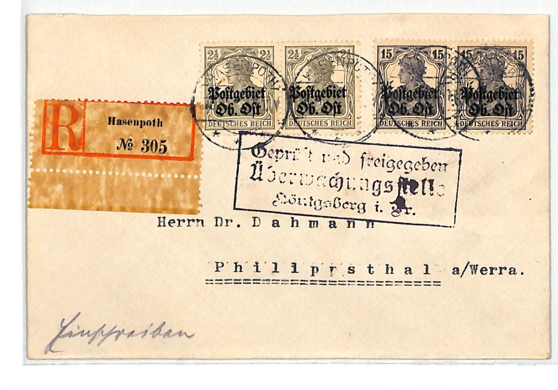 LATVIA WW1 Cover *OB OST* (Russia) Germany Occupation HASENPOTH Reg 1918 WV75 - Image 2