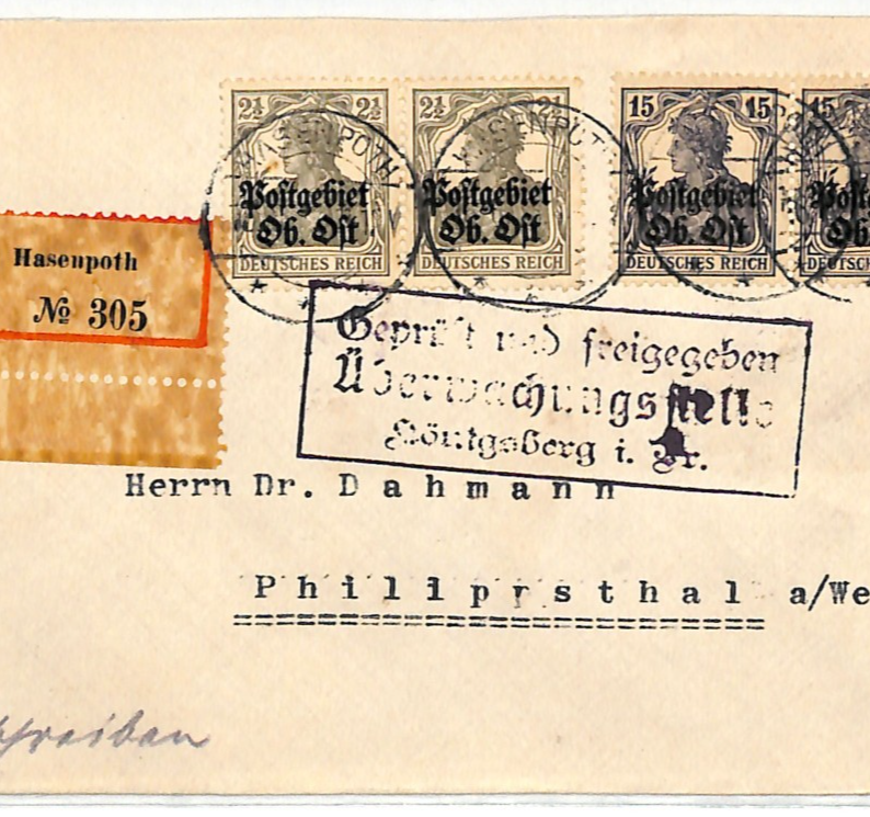 LATVIA WW1 Cover *OB OST* (Russia) Germany Occupation HASENPOTH Reg 1918 WV75