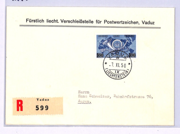 LIECHTENSTEIN 1950 FDC Cover *UPU* POSTHORN 100f Surcharge First Day Cover XV79 - Image 3