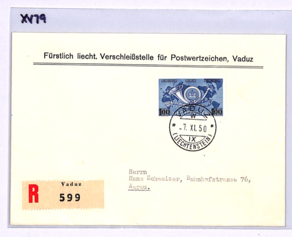 LIECHTENSTEIN 1950 FDC Cover *UPU* POSTHORN 100f Surcharge First Day Cover XV79 - Image 5