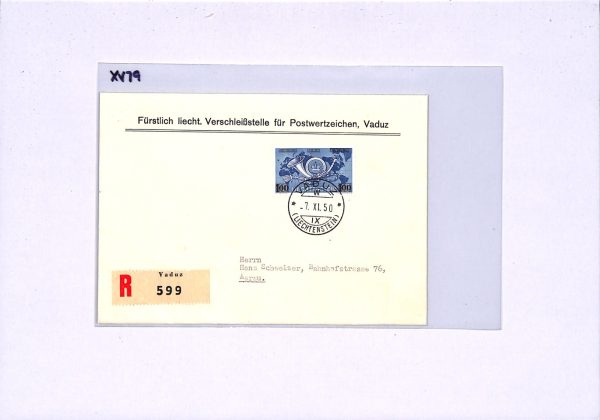 LIECHTENSTEIN 1950 FDC Cover *UPU* POSTHORN 100f Surcharge First Day Cover XV79 - Image 6