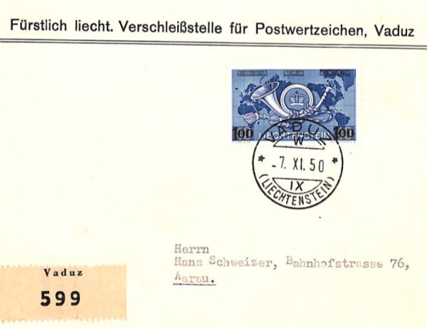 LIECHTENSTEIN 1950 FDC Cover *UPU* POSTHORN 100f Surcharge First Day Cover XV79