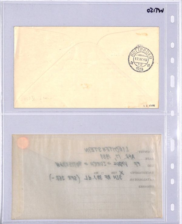 LIECHTENSTEIN Air Mail 1939 50c Cover KLM FIRST FLIGHT Rotterdam {Joffe}WT150 - Image 11