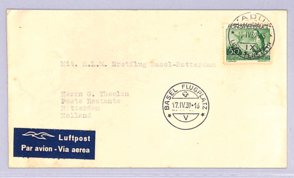LIECHTENSTEIN Air Mail 1939 50c Cover KLM FIRST FLIGHT Rotterdam {Joffe}WT150 - Image 3