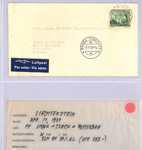LIECHTENSTEIN Air Mail 1939 50c Cover KLM FIRST FLIGHT Rotterdam {Joffe}WT150 - Image 7