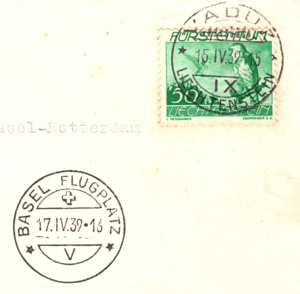 LIECHTENSTEIN Air Mail 1939 50c Cover KLM FIRST FLIGHT Rotterdam {Joffe}WT150