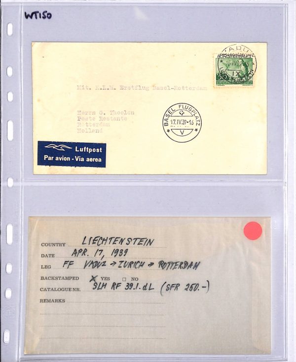 LIECHTENSTEIN Air Mail 1939 50c Cover KLM FIRST FLIGHT Rotterdam {Joffe}WT150 - Image 10