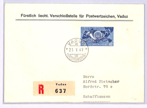 LIECHTENSTEIN FDC 1949 UPU ANNIVERSARY Vaduz Reg Switzerland Schaffhausen XV80 - Image 3