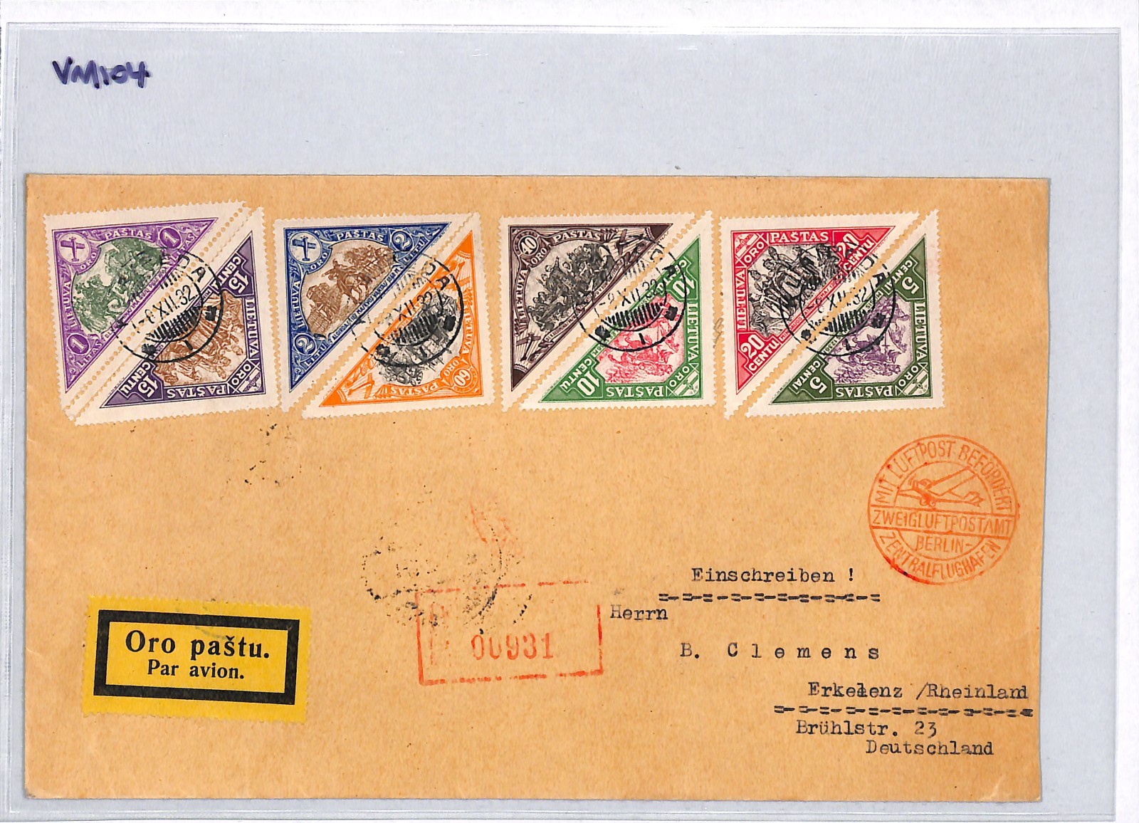 LITHUANIA Air Mail 1932 Set{8} TRIANGULARS Cover Klaipeda Flown Germany VM104 - Image 10
