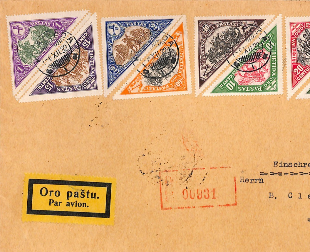 LITHUANIA Air Mail 1932 Set{8} TRIANGULARS Cover Klaipeda Flown Germany VM104 - Image 3