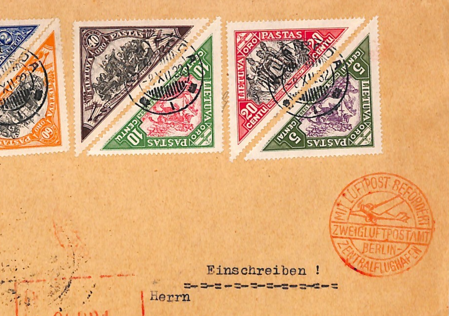 LITHUANIA Air Mail 1932 Set{8} TRIANGULARS Cover Klaipeda Flown Germany VM104 - Image 4