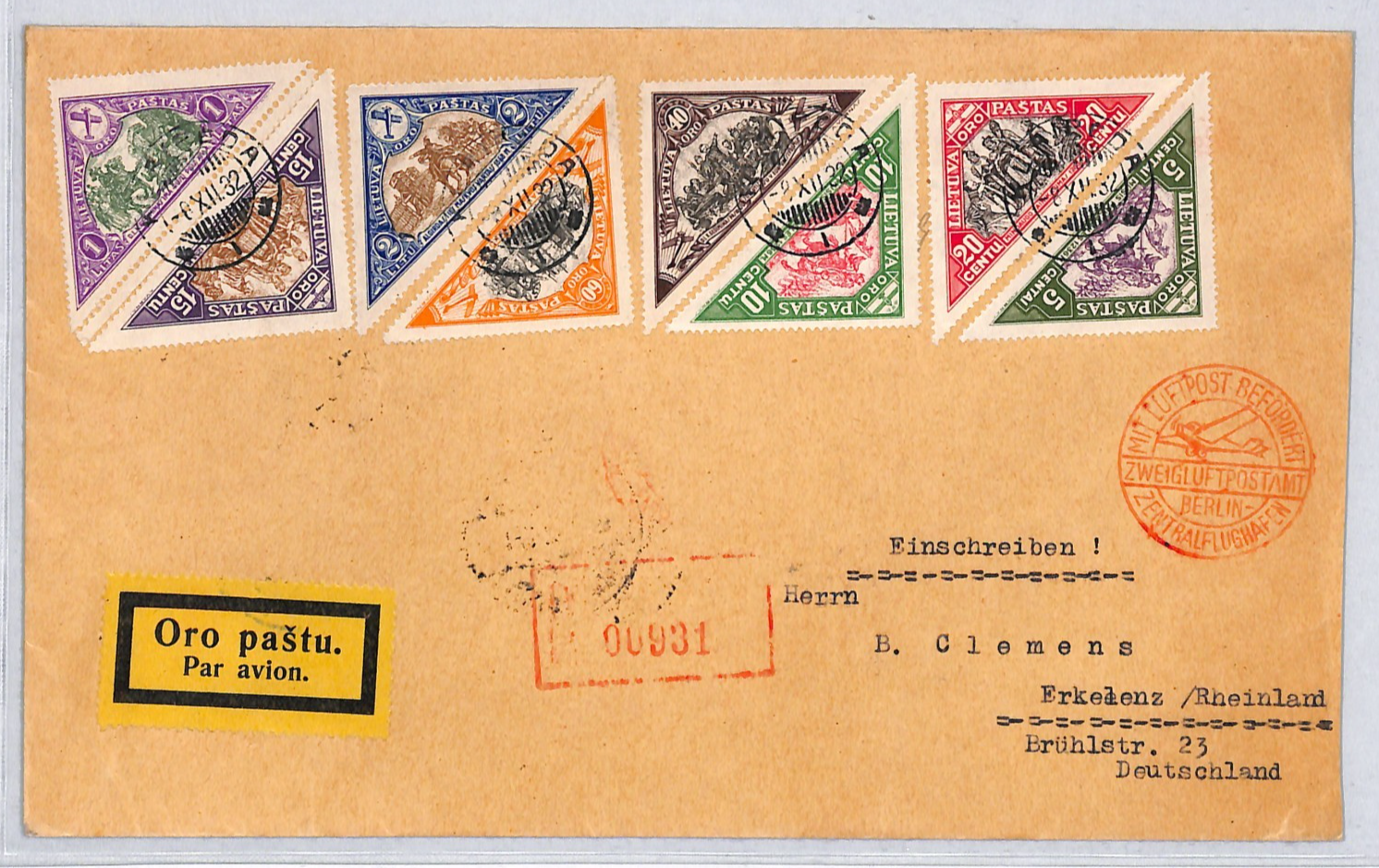 LITHUANIA Air Mail 1932 Set{8} TRIANGULARS Cover Klaipeda Flown Germany VM104 - Image 6