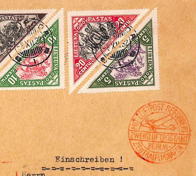 LITHUANIA Air Mail 1932 Set{8} TRIANGULARS Cover Klaipeda Flown Germany VM104 - Image 7