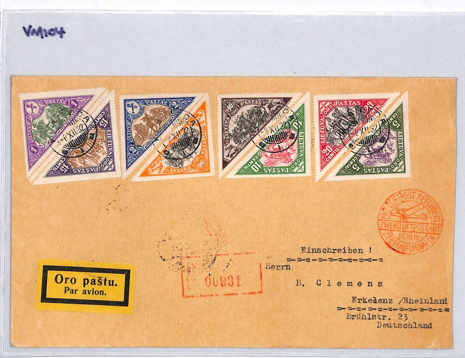 LITHUANIA Air Mail 1932 Set{8} TRIANGULARS Cover Klaipeda Flown Germany VM104 - Image 8