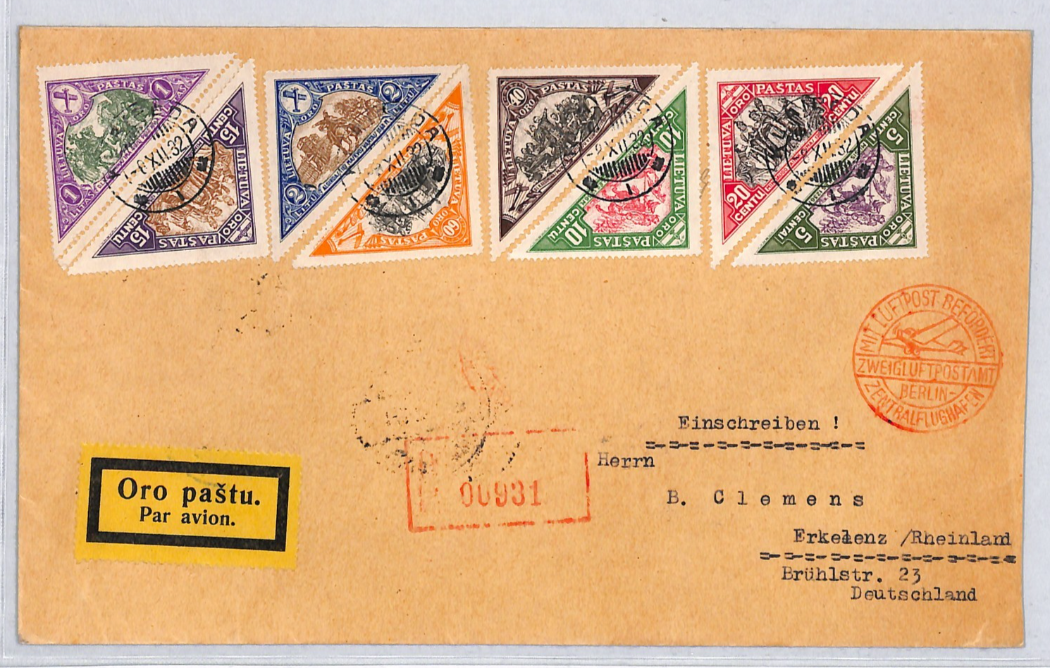 LITHUANIA Air Mail 1932 Set{8} TRIANGULARS Cover Klaipeda Flown Germany VM104