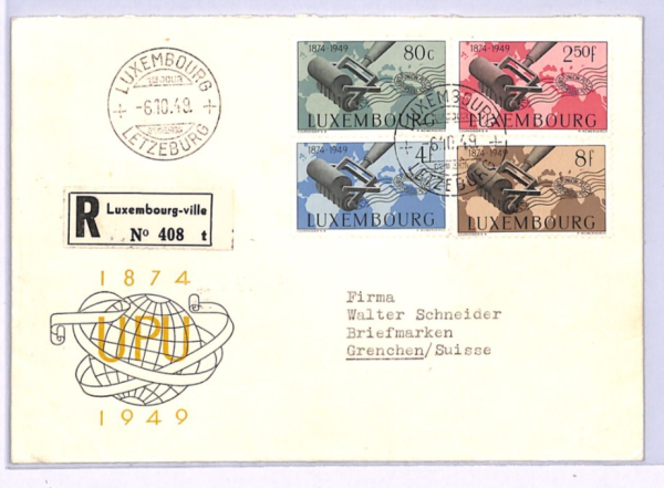 LUXEMBOURG FDC 1949 UPU ANNIVERSARY Registered Switzerland Grenchen XV81 - Image 3