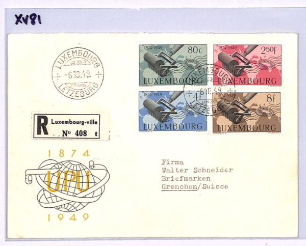 LUXEMBOURG FDC 1949 UPU ANNIVERSARY Registered Switzerland Grenchen XV81 - Image 5
