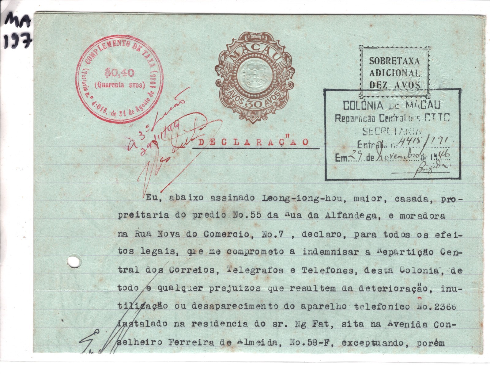 MACAU 5a POSTAL FISCAL Telephone Document 1946 Revenue 30a (+40c) PORTUGAL MA197 - Image 6