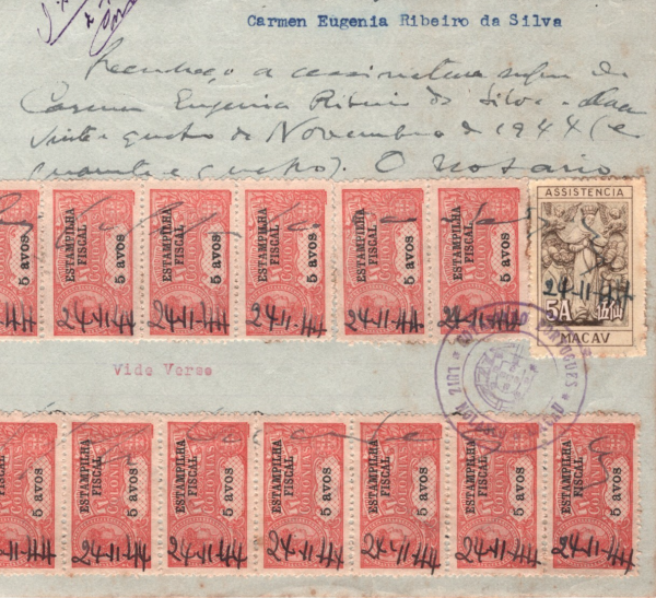 MACAU Telephones WW2 Revenue EMBOSSED 30a Die Document 1944 5a Fiscal Strip MA61