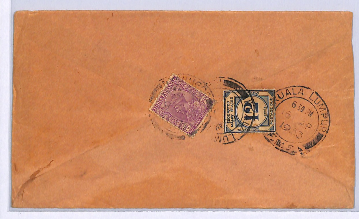 MALAYA FMS 12c *POSTAGE DUE* Cover 1933 INDIA Underpaid KGV Kuala Lumpur WM119 - Image 3