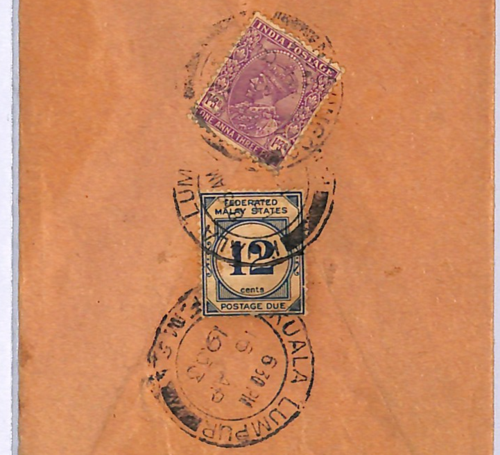 MALAYA FMS 12c *POSTAGE DUE* Cover 1933 INDIA Underpaid KGV Kuala Lumpur WM119 - Image 4