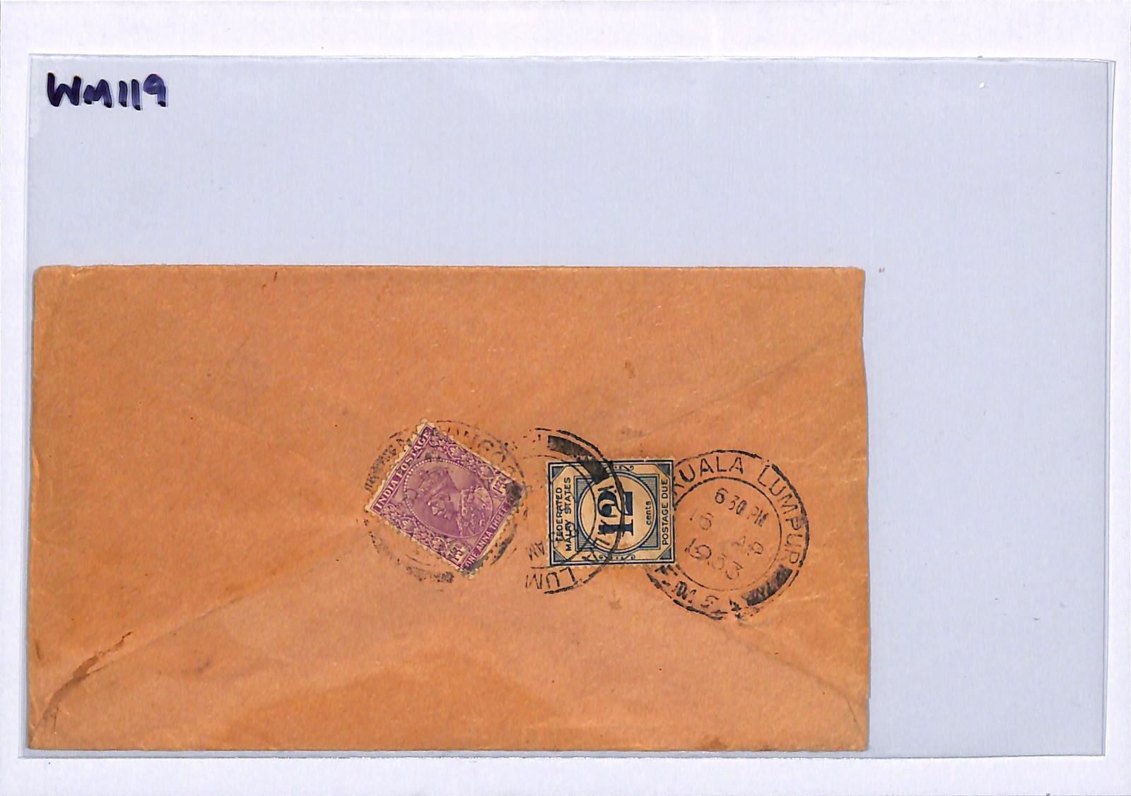 MALAYA FMS 12c *POSTAGE DUE* Cover 1933 INDIA Underpaid KGV Kuala Lumpur WM119 - Image 7