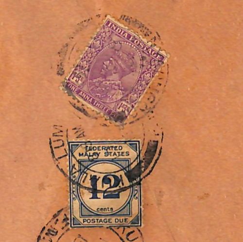 MALAYA FMS 12c *POSTAGE DUE* Cover 1933 INDIA Underpaid KGV Kuala Lumpur WM119