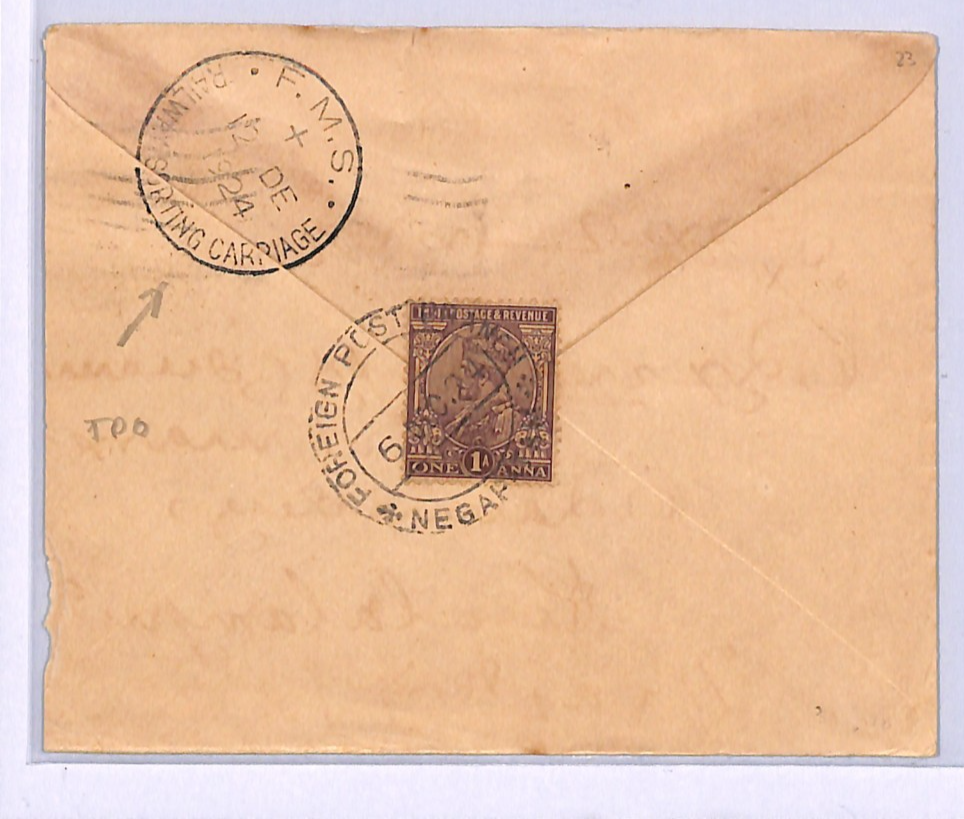 MALAYA FMS *RAILWAY SORTING CARRIAGE* TPO 1924 CDS Cover Ex INDIA Madras WM52 - Image 3